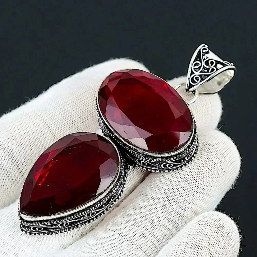 Antique Ruby Pendant Necklace, Sterling Silver, Double Gemstone, Statement